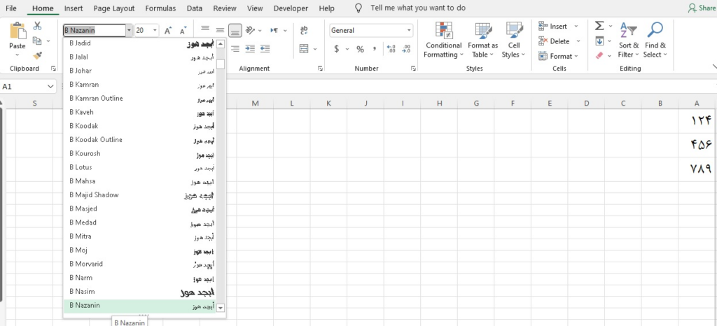 فارسی‌کردن اعداد در اکسل با استفاده از فونت‌های فارسی