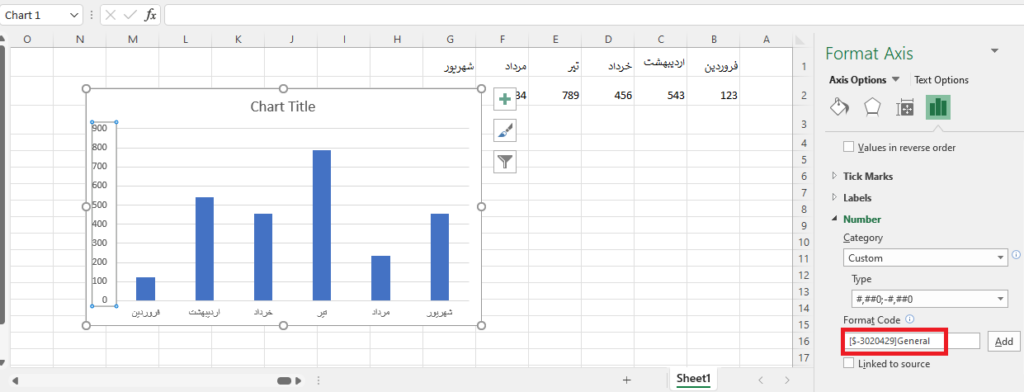 ایجاد کد برای فارسی‌کردن اعداد نمودار در اکسل